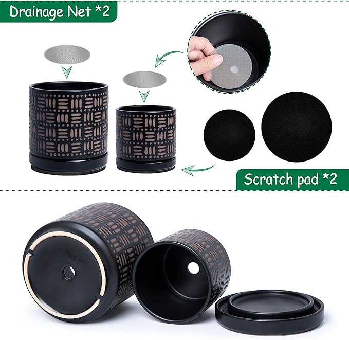 D'vine Dev Set of 2 Ceramic Planter Pots with Drainage Hole and Saucer, 4.5 Inch 6 Inch Plant Pots for Plants Indoor Houseplants, Black, 99-F-2