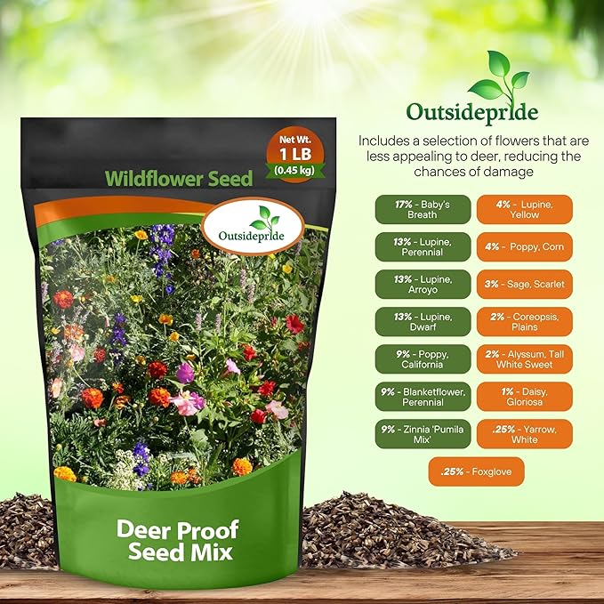 Outsidepride Deer Proof Wildflower Seed Mix - 1 lb. Colorful Blend of Easy to Grow, Drought-Tolerant Annual & Perennial Wildflower Seeds for a Deer-Free,Vibrant Meadow & Pollinator-Friendly Garden