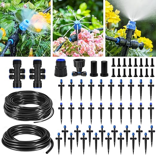 HIRALIY 210FT Drip Irrigation System, Quick Connector Garden Watering Automatic Sprinkler Kit for Lawn Raised Bed Greenhouse Mist System with 3 Kinds Dripper, Adjustable Nozzle