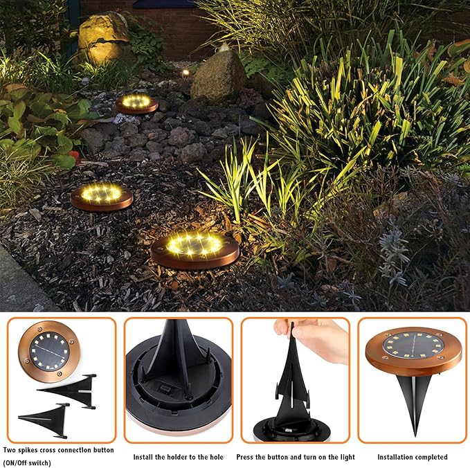 Solar Ground Lights Outdoor Waterproof Flat Garden Solar Disk Lights Floor 12 LED 8 Pack for Garden Patio Pathway Landscape Driveway Yard Path Decor