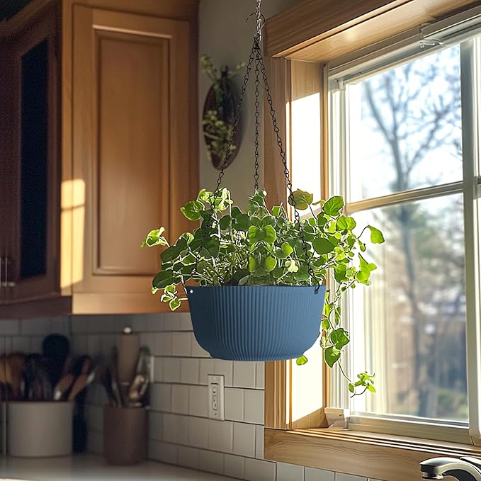 T4U 10 Inch Hanging Planters for Indoor Outdoor Plants, Hanging Baskets for Plants Pack of 2, Self Watering Hanging Pots with Drainage Hole for Garden Home Decor, Blue