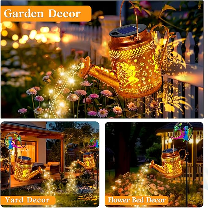 Solar Lanterns Outdoor Waterproof,Metal Watering Can Garden Decor,Fairy Hanging Solar Path Lights Yard Art,Outside Patio Decorations Gardening Birthday Gifts for Mom Grandma Women（with Shepherd Hook）