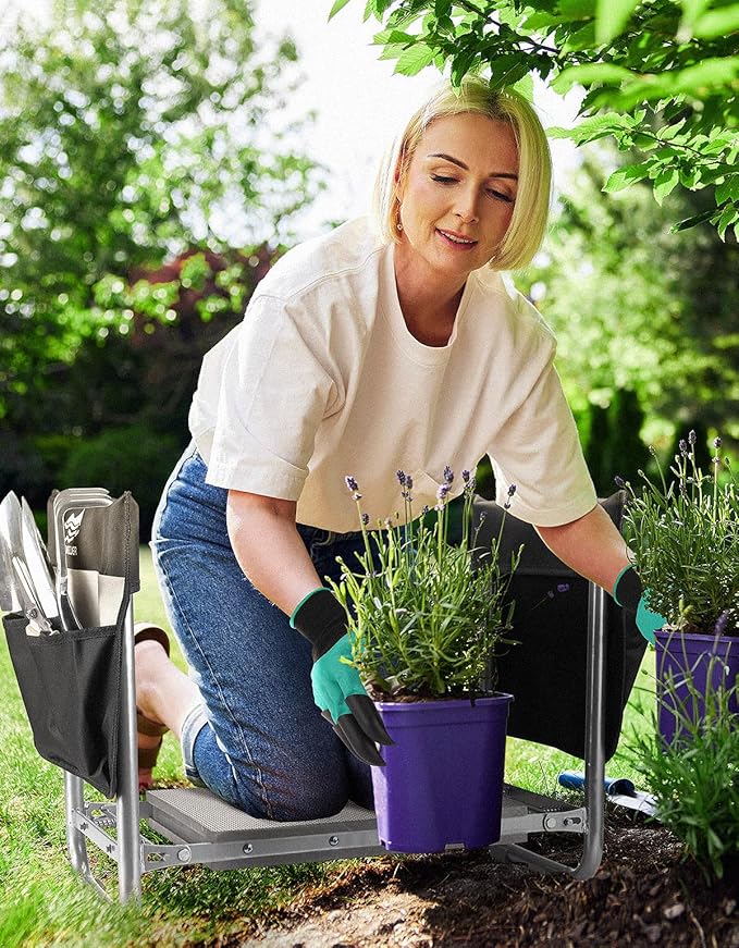 Garden Kneeler and Seat, Foldable Garden Stool 10.2" Width, Heavy Duty Knee Seat for Gardening with 2 Tool Pouches & Gloves, Gardening Accessories for Women, Grandparents, Seniors (Black)
