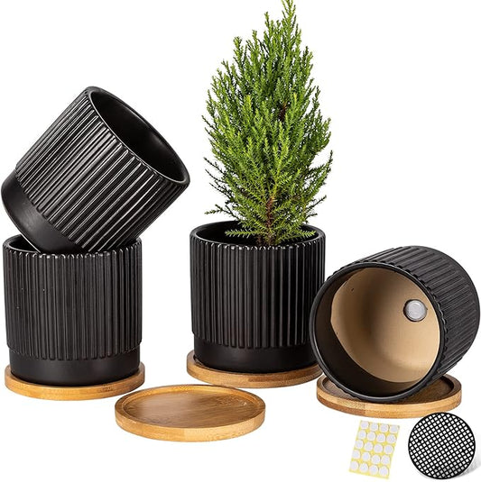 AOMRYOM 4.25 Inch Small Garden Ceramic Plant Pots with Drainage Holes and Tray, Modern Flower Planter Pots for Indoor Plants, Succulent, Cactus and Herbs, Black Stripe, Set of 4 (Plant Not Included)