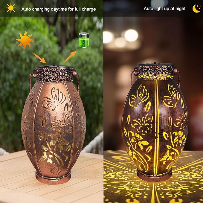 pearlstar 2 Pack Butterfly Solar Lantern Hanging Light Outdoor Waterproof Decorative Metal Solar Lamp for Table Garden Yard Patio Balcony Pathway,Copper,Birthday Gifts for Women Mom Men,Butterfly