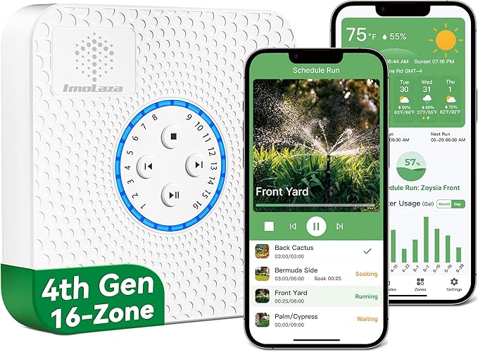 ImoLaza ET Master 4th Gen Smart Sprinkler Controller: Upgraded 16-Zone WiFi Irrigation Controller with Automated Watering, App Control, Smart Weather Skips and Fault Alerts