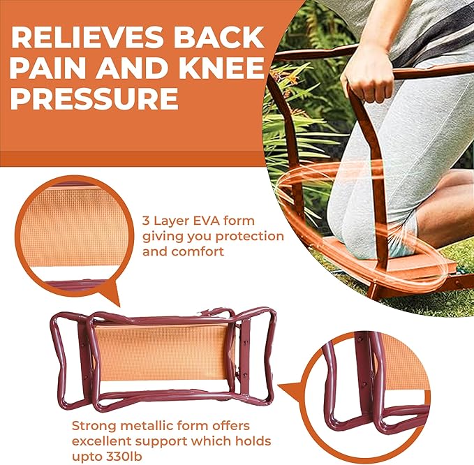 H> Garden Kneeler and Seat, Foldable Garden Stool Heavy Duty Gardening Bench for Kneeling and Sitting to Prevent Knee & Back Pain (Modern Kneeler 2023, Orange)