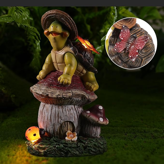 Turtle Figurine Garden Decor, Solar Turtle Outdoor Statue, Funny Turtle Gift Sculpture Decoration for Home Patio Yard Lawn Porch Ornament