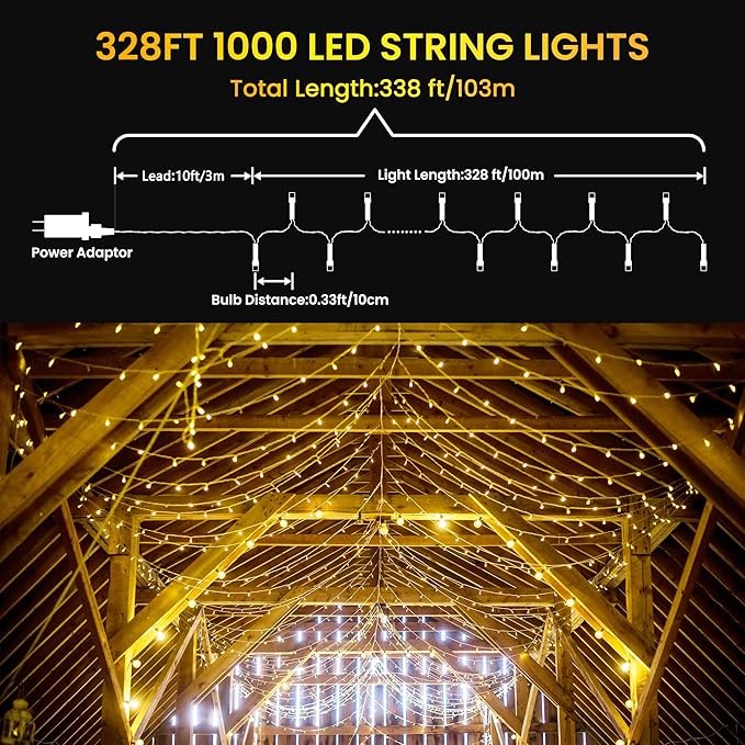 Color Changing Christmas Lights, 338ft 1000 LED Warm White & Multicolor Christmas String Lights with Remote, 11 Modes Christmas Twinkle Lights Waterproof for Christmas Party, Garden, Xmas Tree Decor