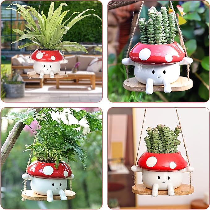 Fungi Fun Mushroom Swing Face Planter Pot, Hanging Ceramic Flower Head Planters for Indoor Outdoor Plants, Succulent Pots for String of Pearls Plant, Live Gift Ideas
