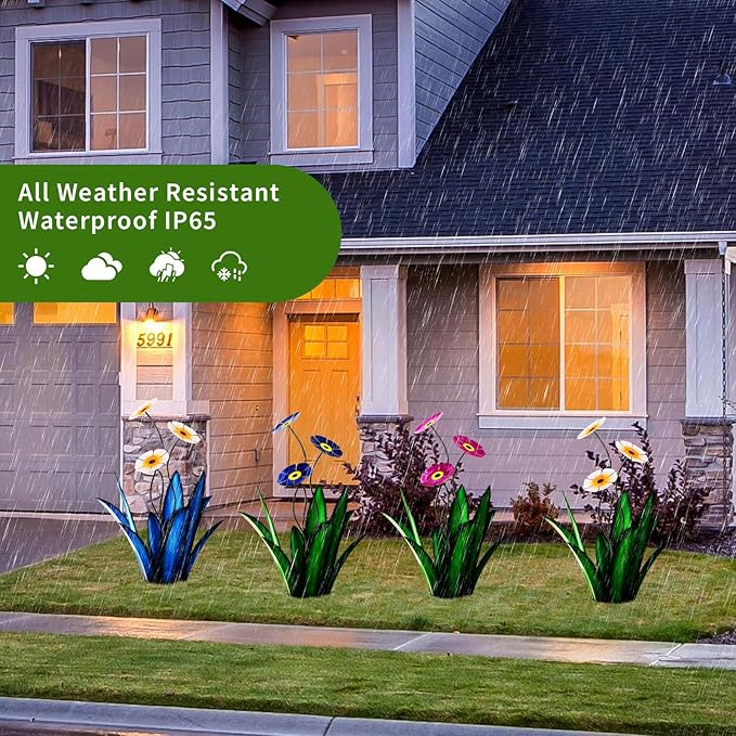 Upgraded Large Metal Yard Art, Metal Agave Plant Yard Decorations Outdoor Sculpture, Metal Flowers for Outside, Waterproof Outdoor Garden Decor (Green + White Flower)