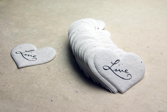 Of The Earth Handmade Paper - Wildflower Seed Paper Small Heart Tags - Calligraphy Variations - 1.75" X 1.5" - Set of 50 (Live)