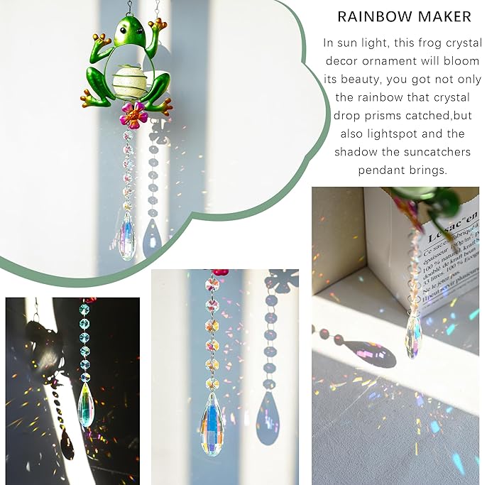 Stained Glass Metal Frog Suncatcher Crystals for Window Ornament - 17" Outdoor Fence Wall Art Decor, Rainbow Maker Hanging for Garden Yard Living Room Bedroom Patio Balcony