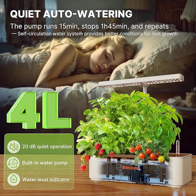 Hydroponics Growing System Kit 12 Pods, 24W LED Grow Light Indoor Garden, 4L Water Tank with Quiet Pump, Adjustable Height Herb Garden Planter Indoor Kit, Gardening Gifts, Beige