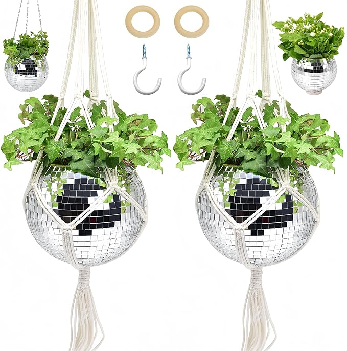 Disco Ball Planter, 2 Pack 8" Disco Planter with Hanging Rope, Hanging Chain & Hook & Ring Stand, Disco Ball Plant Hangers for Indoor and Outdoor Plants (Silver, 8"+8")