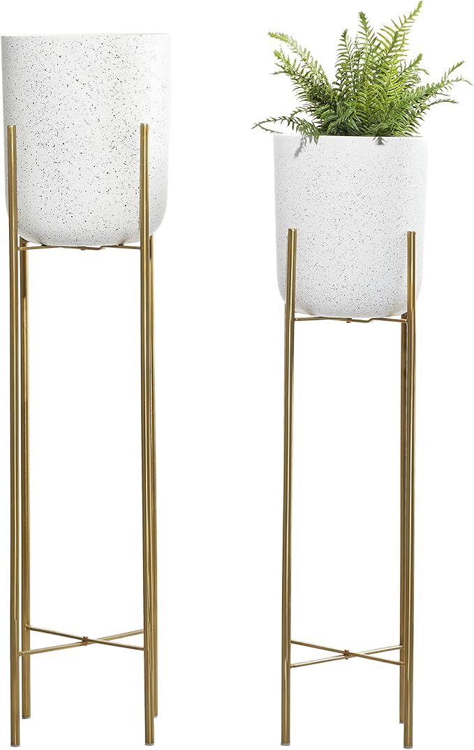 Deco 79 Metal Indoor Outdoor Planter Deep Recessed Dome Speckled Large Planter Pot with Removable Stand, Set of 2 Planters 39", 46"H, White