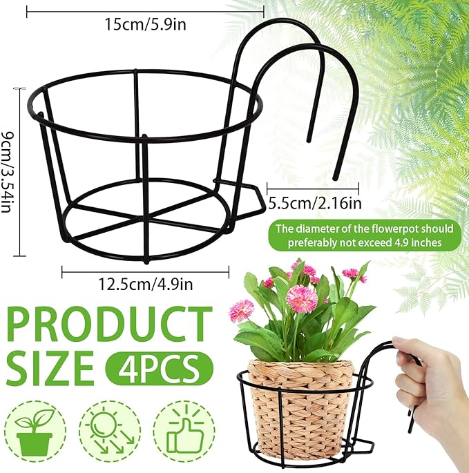 4 Pack Small Round Metal Hanging Railing Planters,Hanging Railing Planter Flower Pot Holder Basket Iron Art Rack Fence Shelf Container for Balcony,Garden,Indoor and Outdoor (Black)