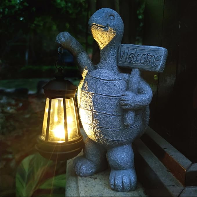 Solar Turtle Garden Outdoor Statues,Resin Turtles Figurine Decorations with Solar Lights Lantern, Outdoor Turtle Art Decor for Lawn,Yard, Unique Housewarming Gift for Garden Home