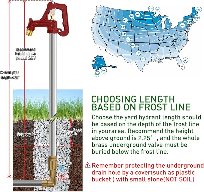 Frost Proof Yard Hydrant, Frost Free Outdoor Faucet Freeze Proof Hydrant for Yard Garden Farm Pasture Irrigation, Water Faucet 3/4" Pipe Connection,4.25ft Total Length 2’ Bury Depth