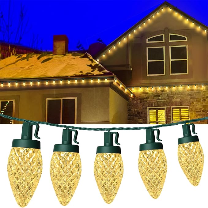 C9 LED Christmas Lights, 134FT 200Bulbs Outdoor Christmas Decorations for House Waterproof String Lights Extendable Green Wire Fairy Lights for Patio Xmas Garden Party Wedding Indoor Warm White