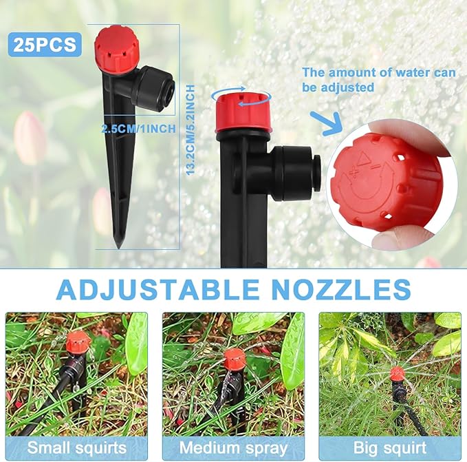 25PCS Easy-Connect Drip Irrigation Emitters, Drip Emitters for 1/4 inch Irrigation Tubing, Adjustable Water Flow Drippers Emitters with Stake(25PCS,Drip Irrigation)