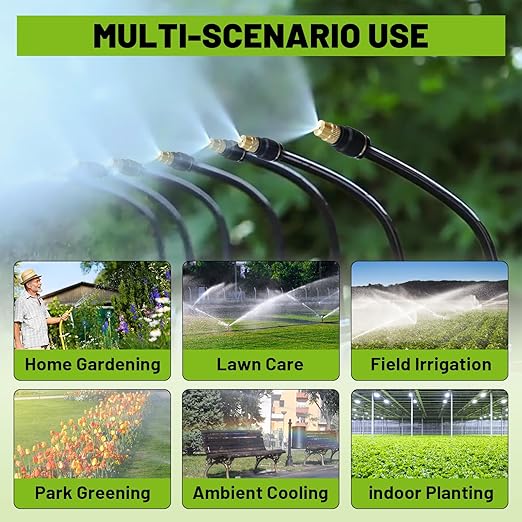 Garden Drip Irrigation Kit, 100ft Black Hose, 360° Adjustable Universal Nozzle, Patio Mist Plant Watering Sprinkler, Comes with Faucet Separator, Sprinkler Hose Adapter (Closeable nozzle-28)