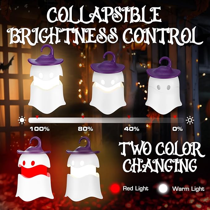 EverBrite 3-Pack Halloween Hanging Ghost Lights, Collapsible Ghost Camping Lantern, Two Color Changing, Indoor/Outdoor Halloween Spooky Party Decorations, Battery Included