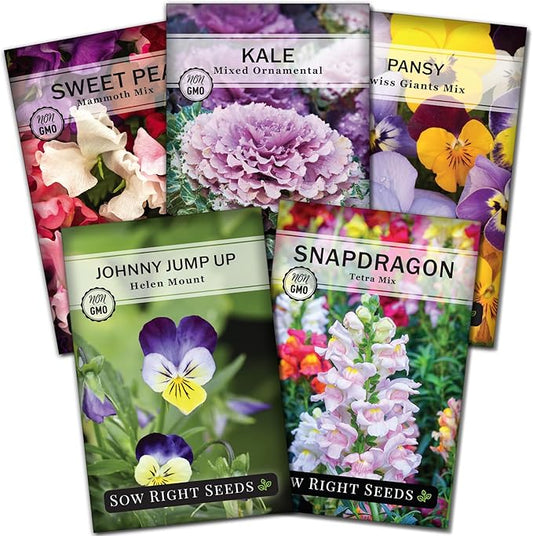 Sow Right Seeds - Frost Hardy Seed Collection for Planting - Pansies, Violets, Snapdragon, Ornamental Kale and Sweet Peas - Lovely Flowers for Spring & Fall Color - Non-GMO Heirloom with Instructions