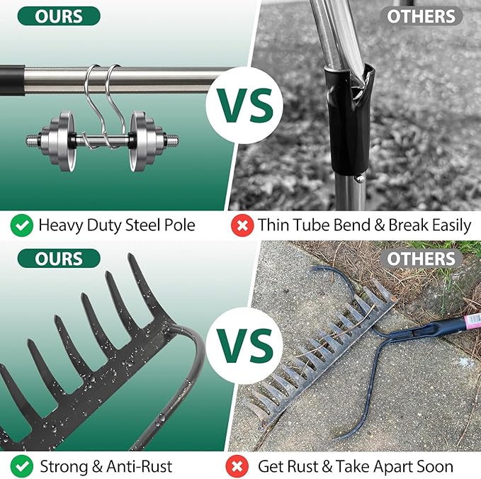 Garden Rake, 6 FT Bow Rakes for Lawns Heavy Duty, Yard Metal Rake with Adjustable Long Handle, 14 Tines Rake Head, Gardening Tool for Loosen Soil, Gather Leaves, Level Mulch, Remove Debris