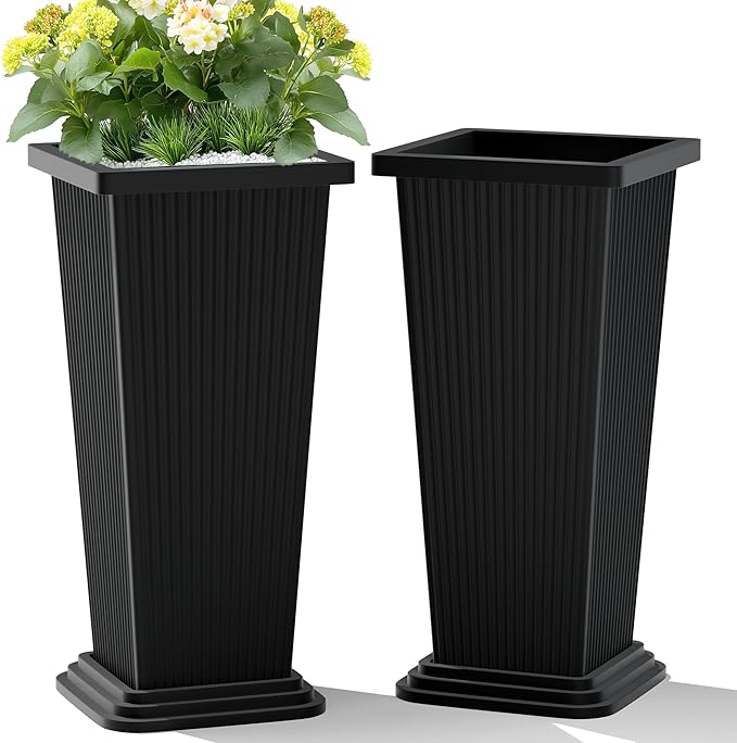 Set of 2 Large Tall Planter for Indoor or Outdoor 24" Tall Flower Pots Tapered Tall Planters with Tray for Porch, Patio, Backyard, Large Planters for Outdoor Indoor Plants(Black,Striped)