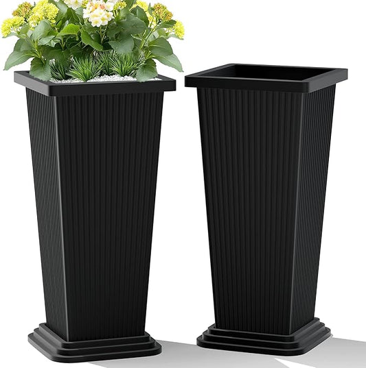 Set of 2 Large Tall Planter for Indoor or Outdoor 24" Tall Flower Pots Tapered Tall Planters with Tray for Porch, Patio, Backyard, Large Planters for Outdoor Indoor Plants(Black,Striped)