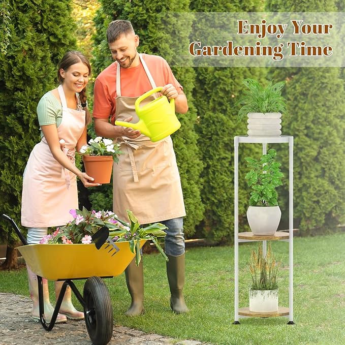 KMOTASUO 3 Tier Tall Plant Stands Indoor, 34 Inch Metal Wood Corner Plant Stand for Indoor Plants, Round Flower Pot Holder Shelf Display Rack for Balcony Garden Patio Living Room(White)