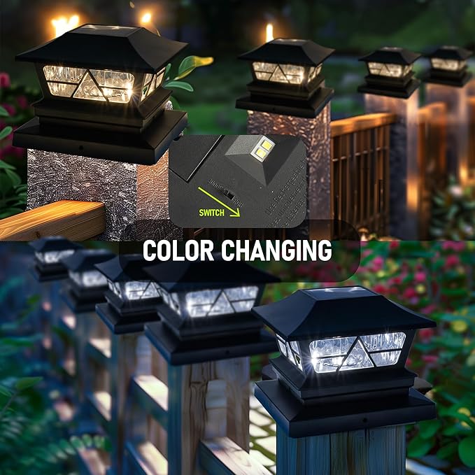 TW SHINE Solar Post Cap Lights 6 Pack, 2 Modes Fence Post Solar Powered Lights Outdoor Waterproof for 4x4 5x5 6x6 Wood Posts Warm White/Cool White for Yard, Garden, Porch, Deck, Patio Decor