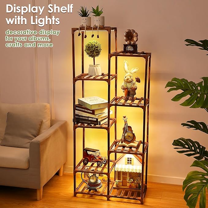 Dreyoo Plant Shelf with Grow Light, 8 Tiered Wood Plant Stand Indoor with Full Spectrum Grow Light for Corner, Multi Layer Tall Lighted Flower Stand for Living Room/Balcony/Outdoor/Garden Display