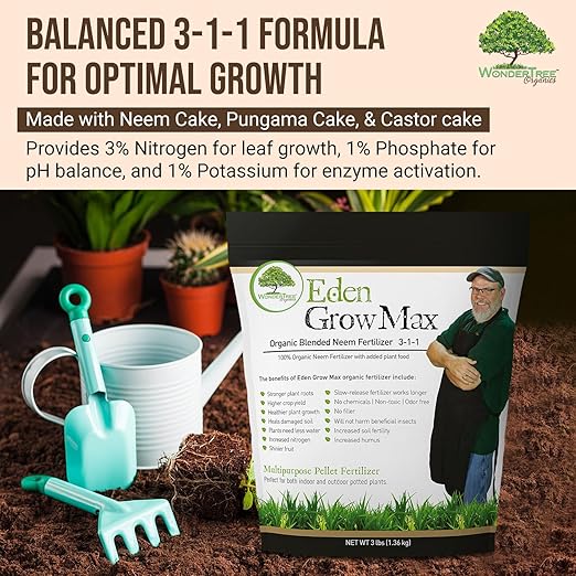 Eden Grow Max Organic Blended Neem Cake | Perfect for Home Gardening, Fruits, Lawns & Flowers | OMRI Listed (3lbs)