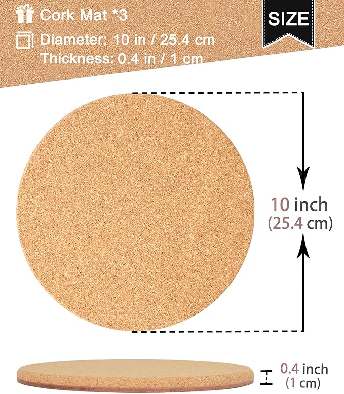 Cork Plant Coasters, Layers Hard Thick Cork Planter Coaster, 10 Inch Absorbent Cork Plant Mats, Cork Trivets for Hot Dishes, Cork Plant Coasters for House Plants, 3 Pcs
