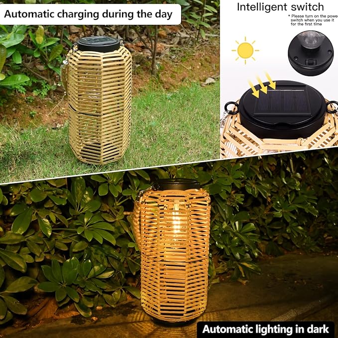 Solar Lantern Outdoor Hanging Lights, Rattan Lantern Waterproof with Twine Handle, Bright Solar Outdoor Lights with Edison Bulb for Garden Patio Yard Tabletop Decoration