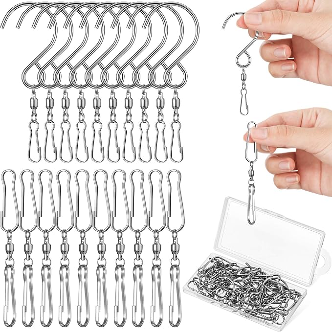 Jetec Wind Spinner Swivel Hooks 360 Degree Dual Spinning Windsock Chime Supplies Hanger Swivels Clip Hanging Hooks with Storage Box for Wind Spinners Supply, 2 Styles (Metal Color,30 Pieces)