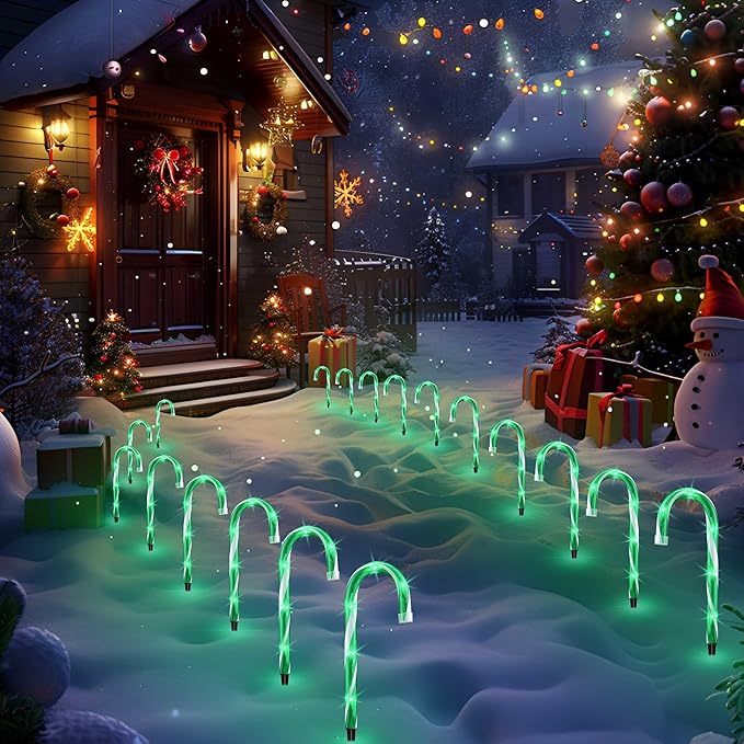 VCOKEN 10'' Christmas Candy Cane Pathway Markers Lights - Set of 10 Christmas Stakes Lights Outdoor Pathway Decorations, Connectable & Light Up Xmas Holiday Party Yard Indoor Outdoor Ornament, Green