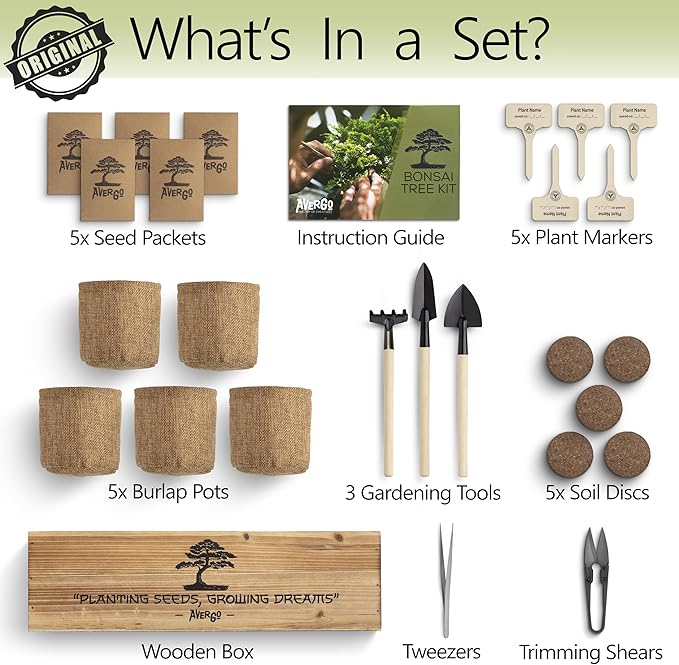 Bonsai Tree Kit – 5X Unique Japanese Bonzai Trees | Complete Indoor Starter Kit for Growing Bonsai Plants with Tools & Planters – Gardening Gifts for Women & Men