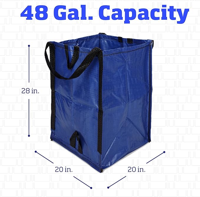 DURASACK Heavy Duty Home and Yard Waste Bag 48-Gallon Woven Polypropylene, Reusable Lawn and Leaf Garden Bag with Reinforced Carry Handles, Pop-Up Self-Standing Garbage Can, Blue
