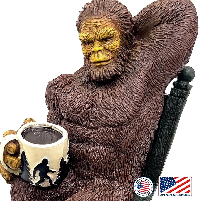 Bella Haus Bigfoot Garden Statue | Sasquatch Enjoying Morning Coffee | Whimsical Bigfoot Cabin Décor for Yard Patio Office or Home | Mythical Coffee-Loving Sasquatch Figurine | Hand-Painted Resin