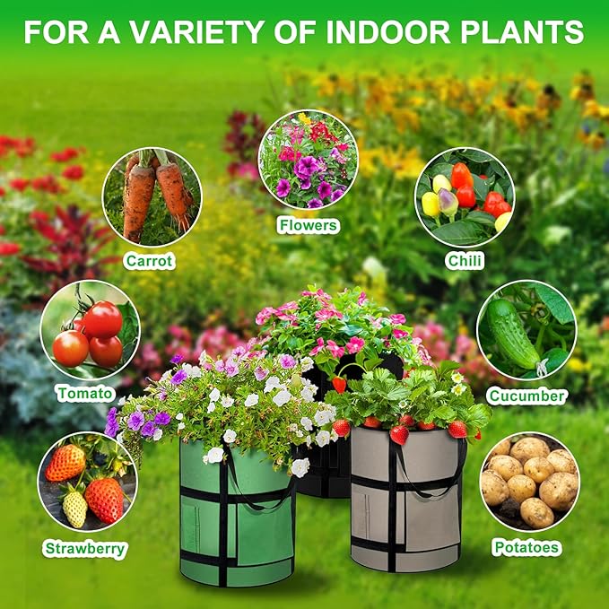 Grow Bags 6Pack - 10 Gallon Potato Grow Bags with Window to Harvest, Thickened Fabric Pots with Handles, Garden Bags to Grow Vegetables, Potatoes Tomato Chili Carrot