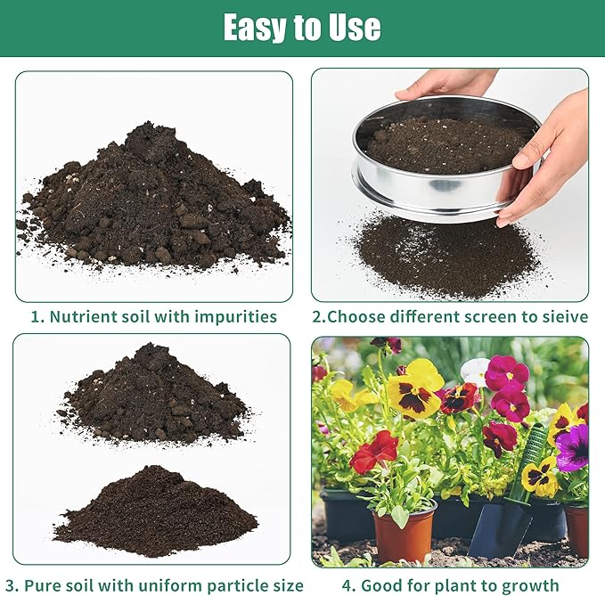 2 Pcs Garden Soil Sifter, Stainless Steel Mesh Screen Dirt Sifter, Sifting Pan-Sieve for Sand Rocks Dirt Compost, 1/4" and 1/8" Mesh