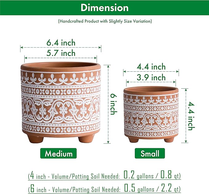 D'vine Dev Set of 2 Terracotta Planter Pots, 4.4 Inch & 6.4 Inch, Wave Pattern Plants Pot with Drainage Hole, Terracotta/White, 31-953-F-1