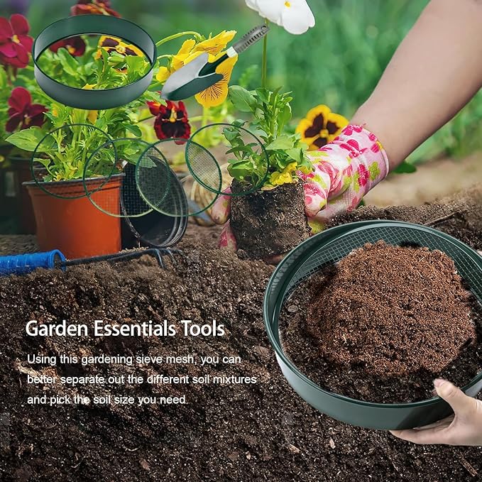 Soil Sieve Sifter Set with Shovel Gloves, Garden Sieve Set with 4 Interchangeable Mesh 3,6,9,12mm, Dirt Sifter for Sand, Rock, Compost, Soil Scoops Garden Tool (Green Sieve Set)