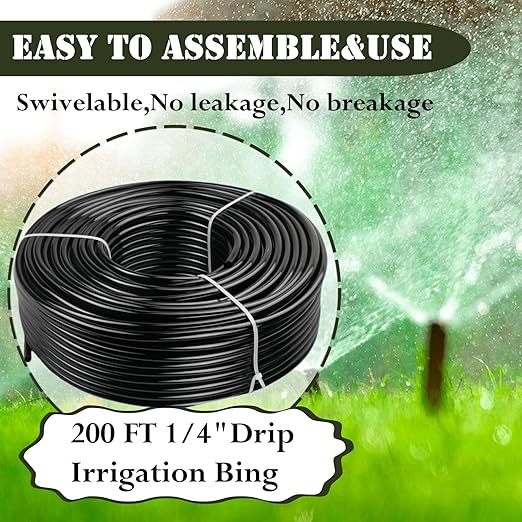 1/4in. Drip Irrigation Tubing - 200FT Drip Line Irrigation System Parts for Garden(Includes 1/4" Straight Connector, Ends, T Connectors, Cable Zip Ties)