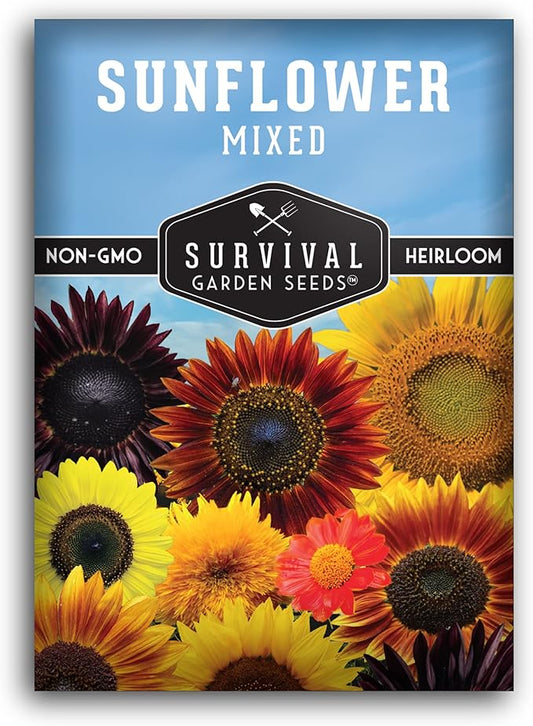 Survival Garden Seeds - Mix of Popular Sunflower Seeds for Planting - Packet with Instructions to Plant and Grow Beautiful Flowers in Your Home Vegetable or Flower Garden - Non-GMO Heirloom Varieties