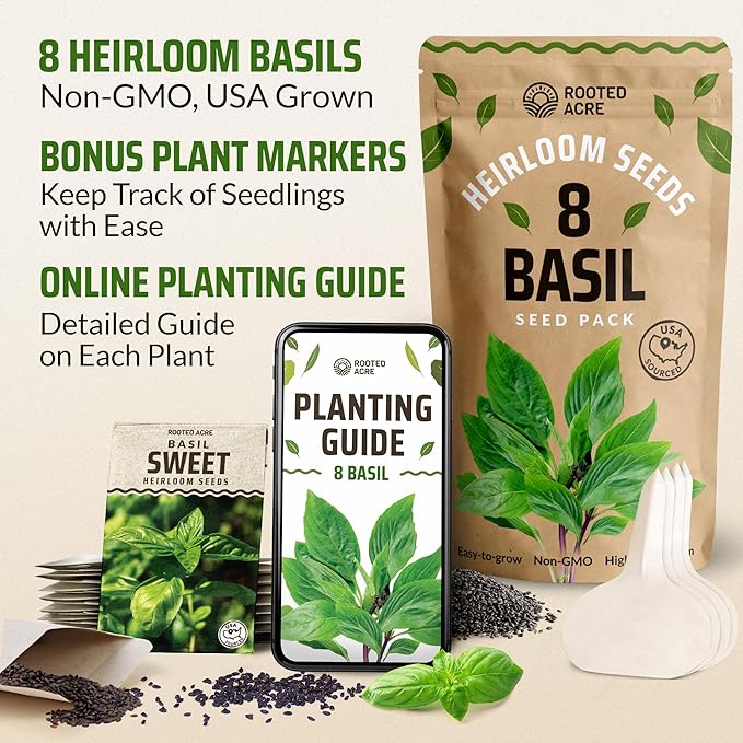 Rooted Acre 8 Basil Seeds Pack - 4000 High Germinating Fresh Basil Seeds - Thai, Genovese, Lemon, Tulsi Holy Basil, & More Culinary Herb Seeds - Non GMO, USA Heirloom Basil Seeds for Planting