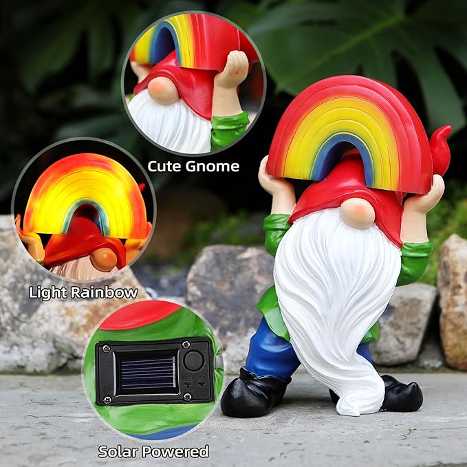 Garden Gnome Statue with Rainbow Solar Lights Large Garden Sculptures Outdoor Decorations Patio Lawn Yard Garden Decor Gifts for Women Mom